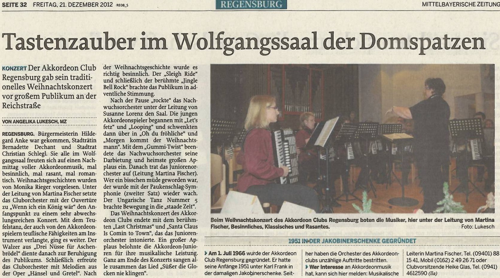 Weihnachtskonzert 2012, Mittelbayrische Zeitung, 21.12.2012